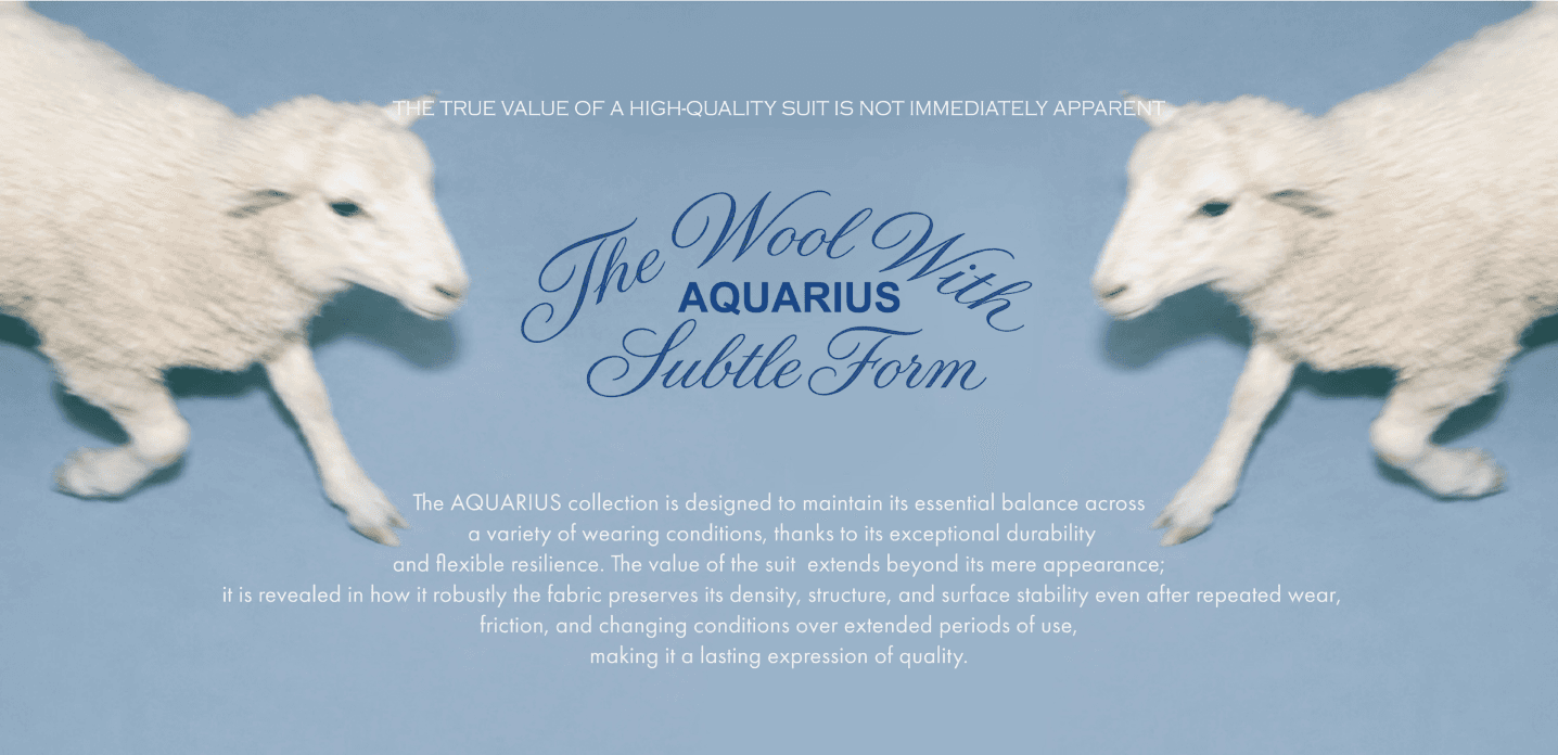 Aquarius 히어로 — 하늘색 배경에 마주 선 양털 오브제 두 마리. 헤드라인 "THE TRUE VALUE OF A HIGH-QUALITY SUIT IS NOT IMMEDIATELY APPARENT.", 타이틀 "The Wool With AQUARIUS Subtle Form" 이 이미지에 구워짐