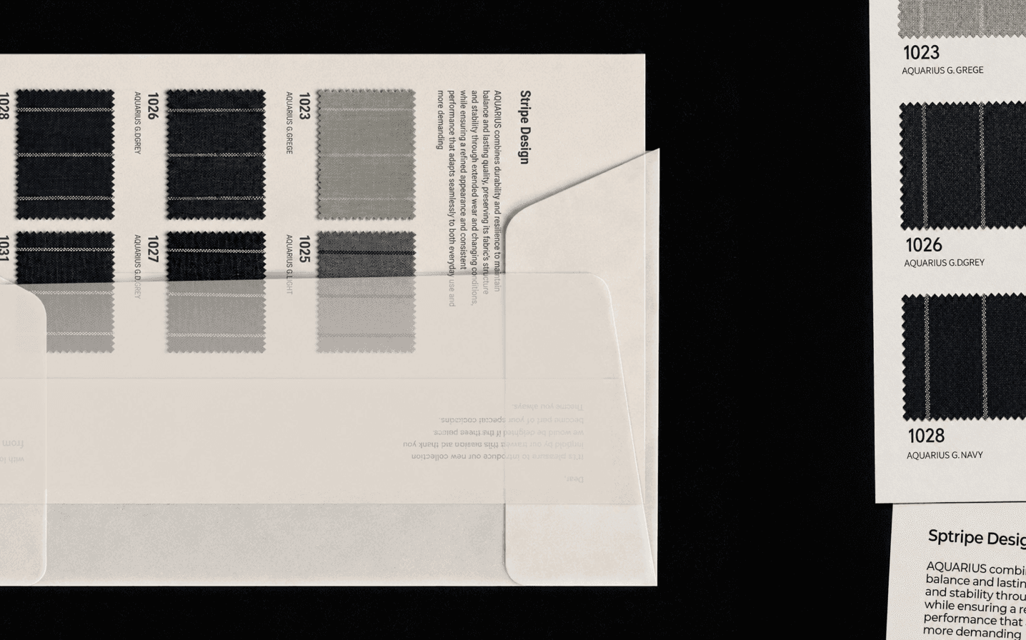 스트라이프 원단 3종이 붙은 시트와 우측 어두운 원단 카드 3장(1023·1026·1028), Sptripe Design 설명