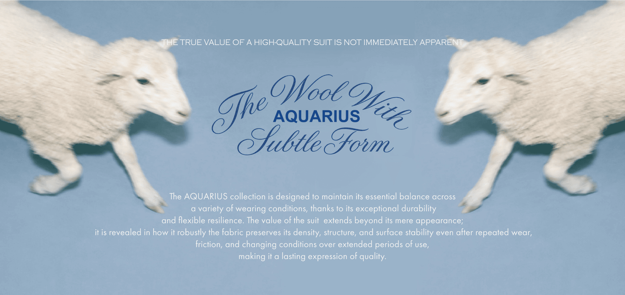 Aquarius 히어로 — 파랑 배경에 양털 늑대 오브제 두 마리. 헤드라인 "THE TRUE VALUE OF A HIGH-QUALITY SUIT IS NOT IMMEDIATELY APPARENT.", 태그라인 "The Wool With AQUARIUS Subtle Form", 바디카피가 이미지에 구워짐