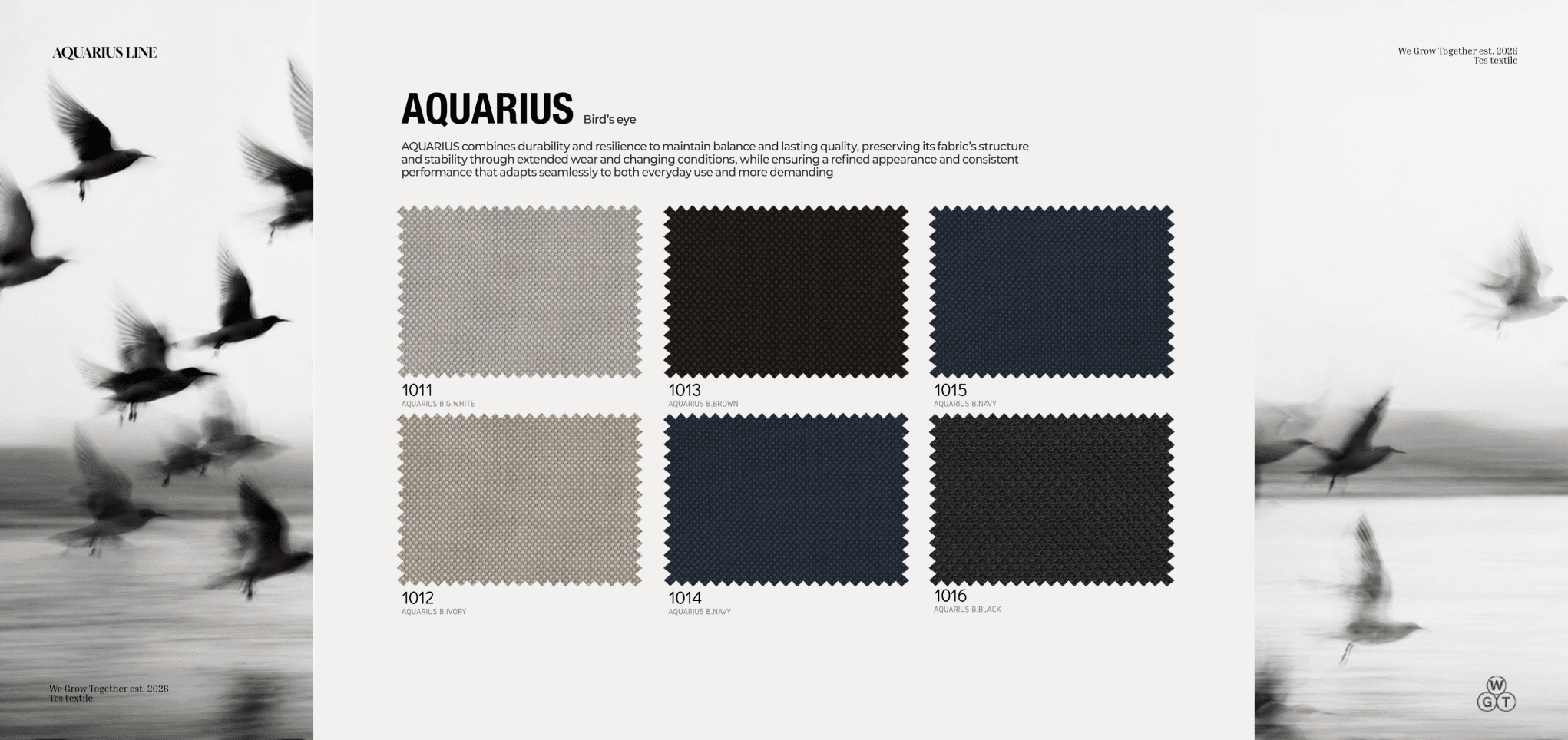Aquarius "AQUARIUS / Bird's eye" 헤드라인, 새떼 흑백 사진과 원단 컬러웨이 스와치 그리드가 구워진 스프레드