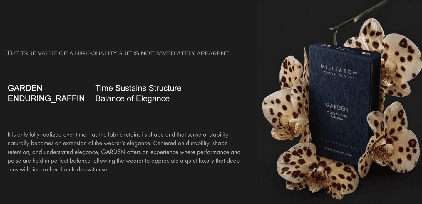 Garden 히어로 — 검정 배경에 표범무늬 난초와 GARDEN 원단 책자. 헤드라인 "THE TRUE VALUE OF A HIGH-QUALITY SUIT IS NOT IMMEDIATELY APPARENT.", "GARDEN ENDURING_RAFFIN / Time Sustains Structure / Balance of Elegance" 가 이미지에 구워짐