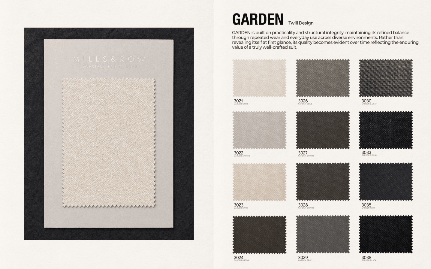 검정 액자에 담긴 밝은 원단 스와치와 우측 GARDEN Twill Design 스와치 12장 시트