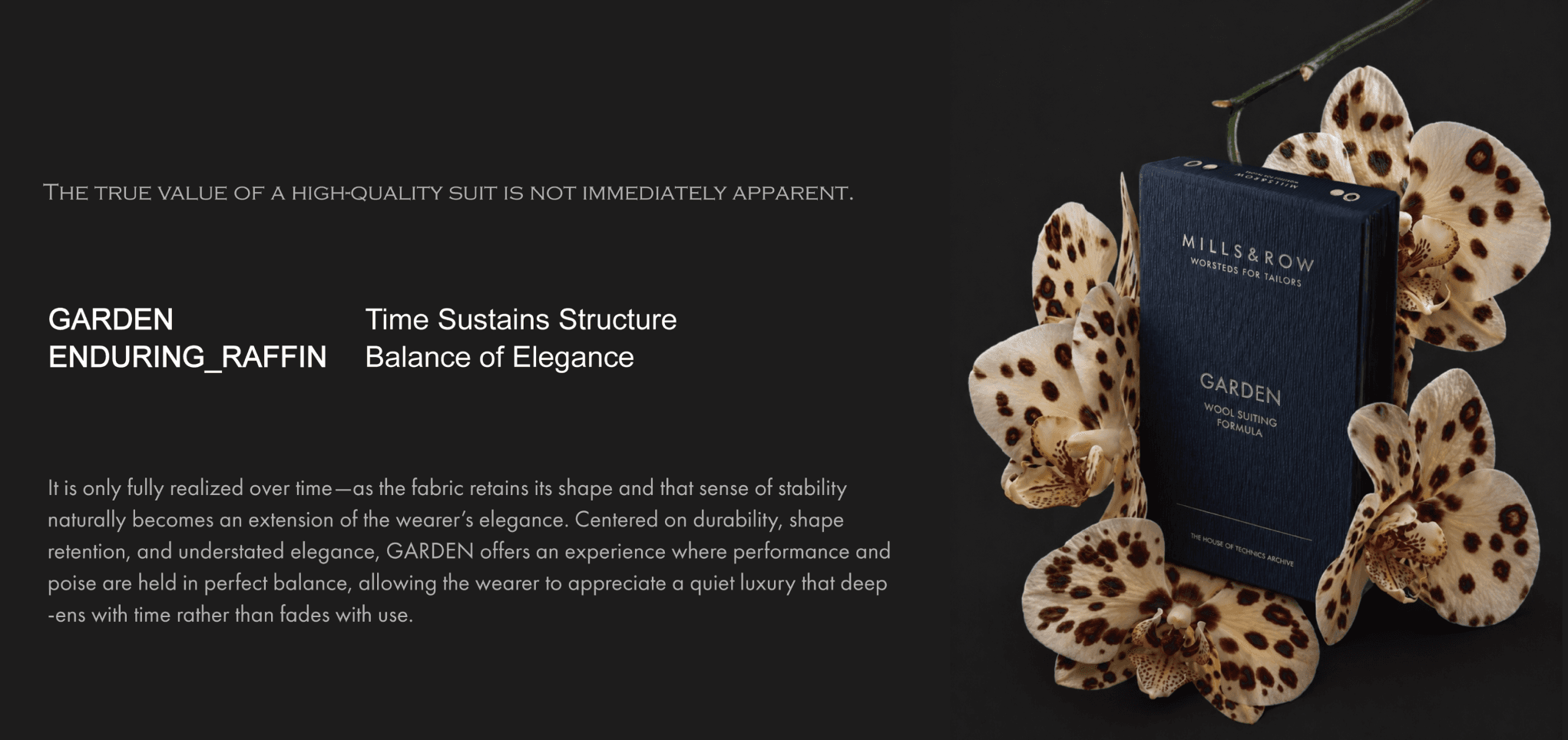 Garden 히어로 — 다크 배경에 양털 스카프 오브제. 헤드라인 "THE TRUE VALUE OF A HIGH-QUALITY SUIT IS NOT IMMEDIATELY APPARENT.", 태그라인 "GARDEN ENDURING_RAFFIN", 바디카피가 이미지에 구워짐