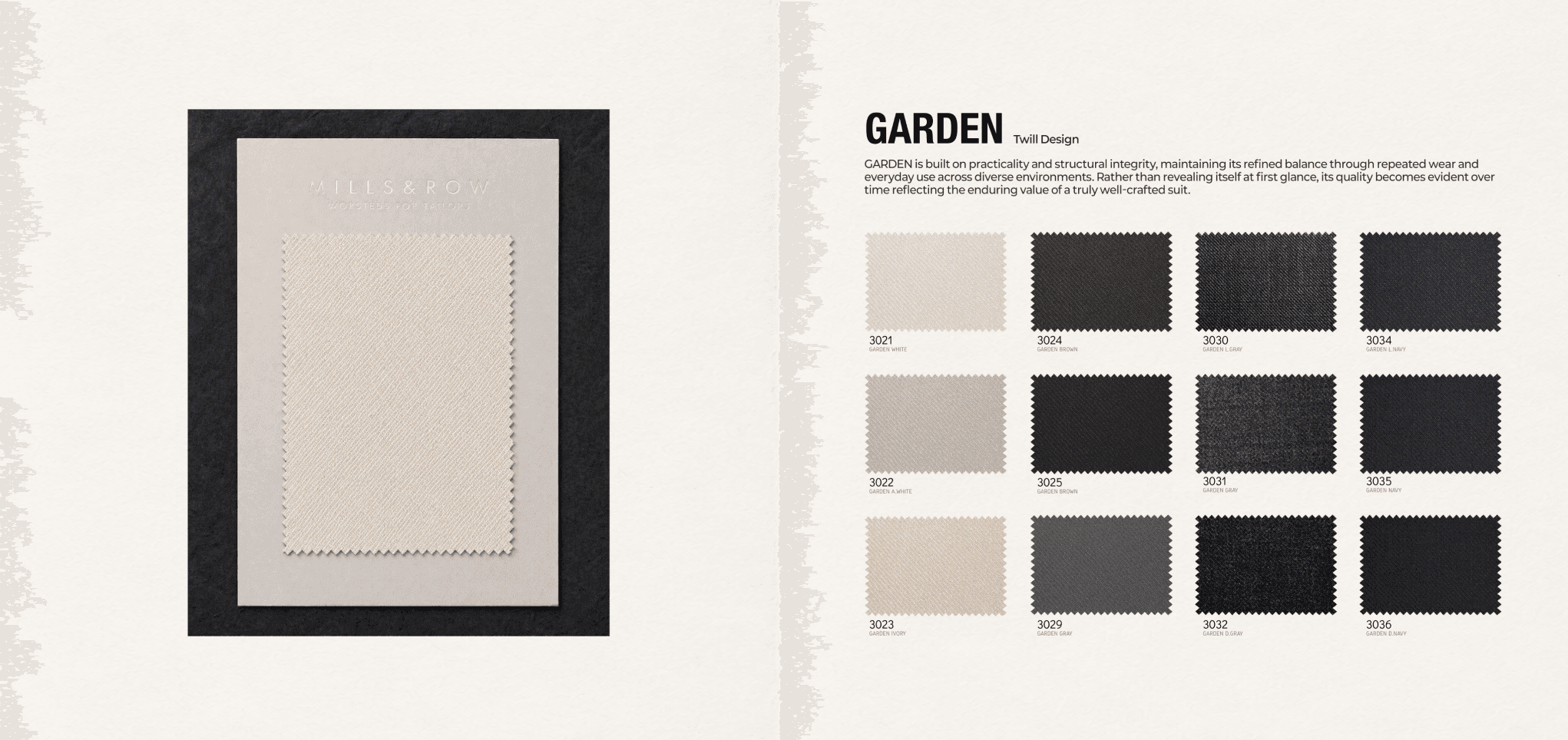 Garden 액자형 스와치 카드와 GARDEN 헤드라인·스와치 그리드 스프레드, 텍스트 구워짐