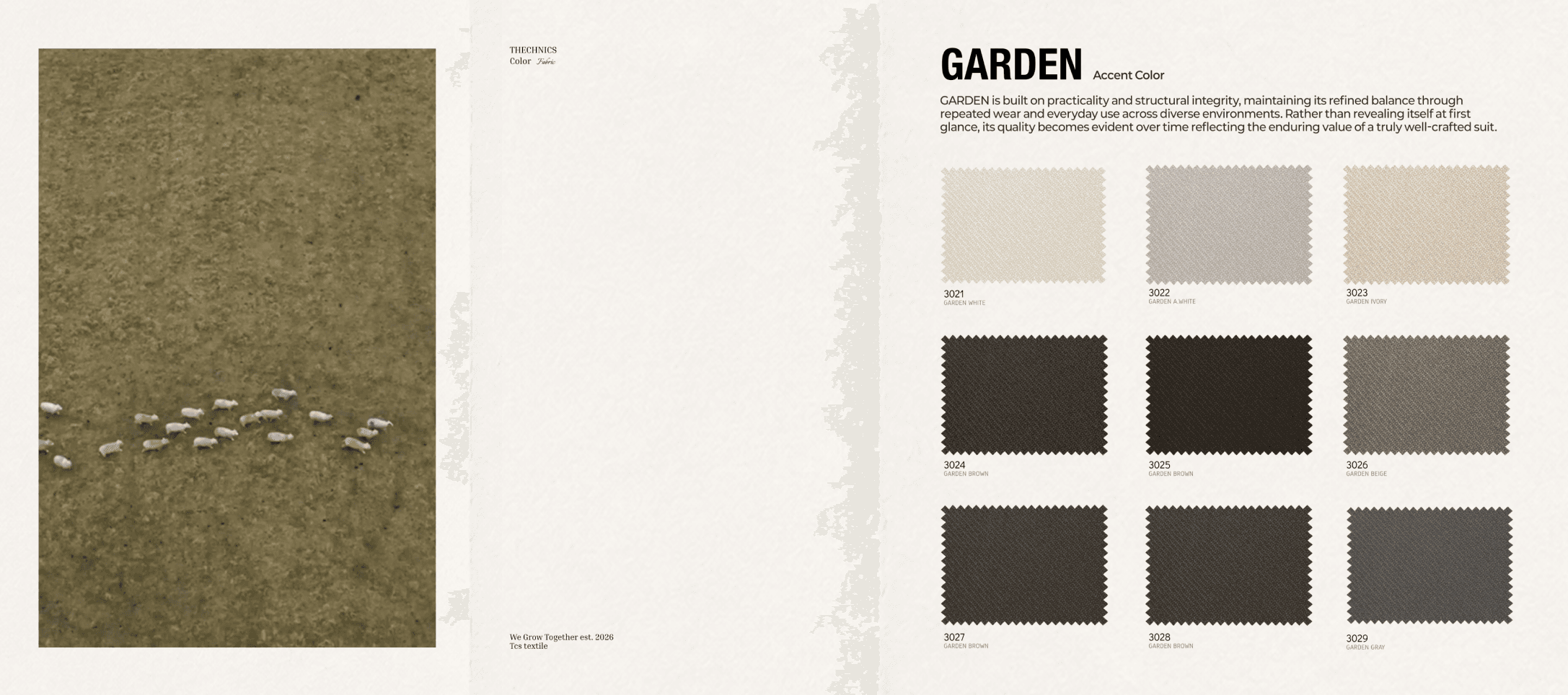 Garden 좌측 양떼 세로 사진(영상 자리)과 "GARDEN Accent Color" 스와치 시트 스프레드