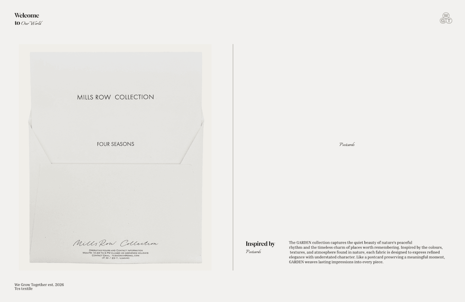 Garden "Welcome to Our World" 패널 — Mills Row Collection 봉투 사진과 GARDEN 소개 카피가 구워짐
