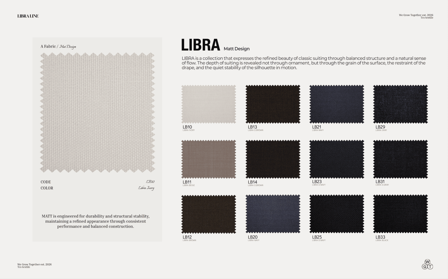 밝은 대형 스와치 한 장과 LIBRA Twill Design 스와치 12장 시트