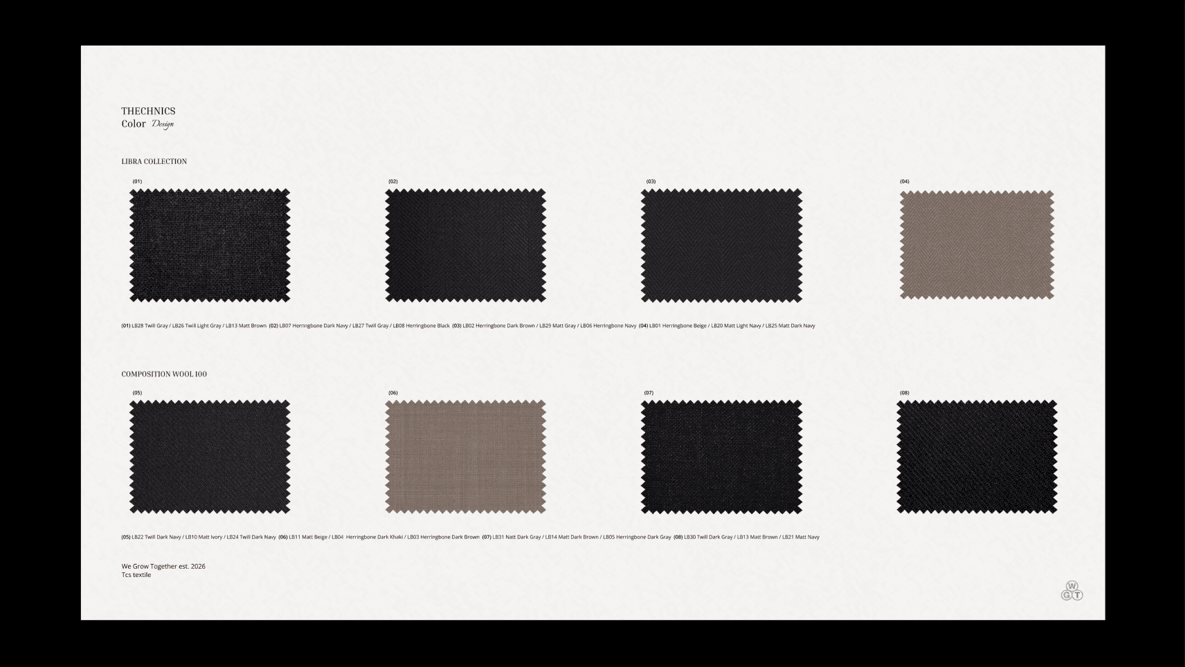 Libra "THECHNICS Color" 검정 프레임 패널 — LIBRA COLLECTION/COMPOSITION WOOL 100 스와치 8칸(각 칸이 원단 바뀜 gif)
