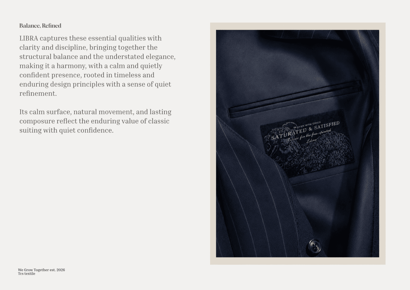 Libra 재킷 안감 라벨 클로즈업과 연락처 패널 — 라벨 실사 문구 "WOVEN WITH GRACE / SATURATED & SATISFIED / Tailored for the free-spirited"