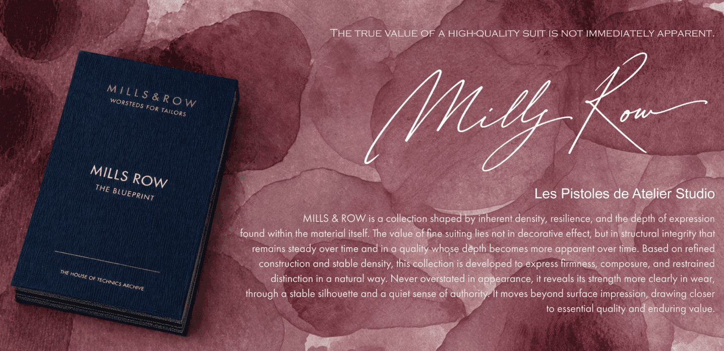 Mills Row 히어로 — 붉은 대리석 배경에 MILLS ROW 원단 책자와 손글씨 "Milly Row", "Les Pistoles de Atelier Studio". 헤드라인 "THE TRUE VALUE OF A HIGH-QUALITY SUIT IS NOT IMMEDIATELY APPARENT." 가 이미지에 구워짐