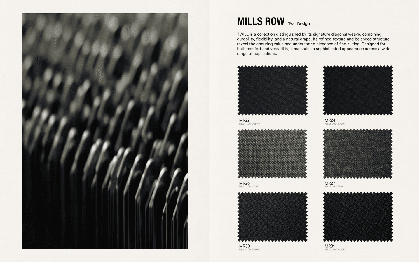 재봉 공정 클로즈업 사진과 우측 MILLS ROW Twill Design 스와치 6장 시트