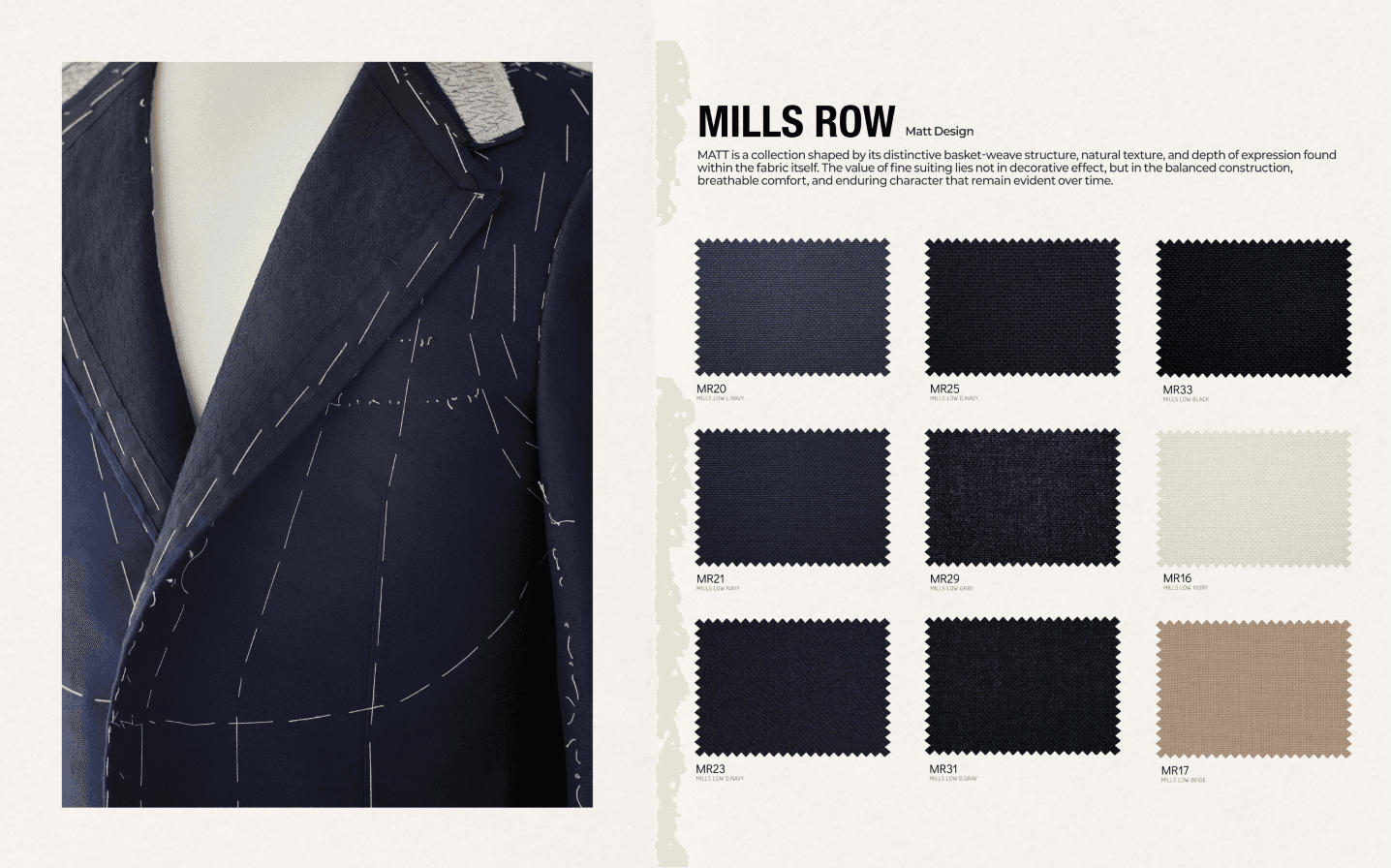남색 핀스트라이프 재킷 클로즈업과 우측 MILLS ROW Twill Design 스와치 9장 시트