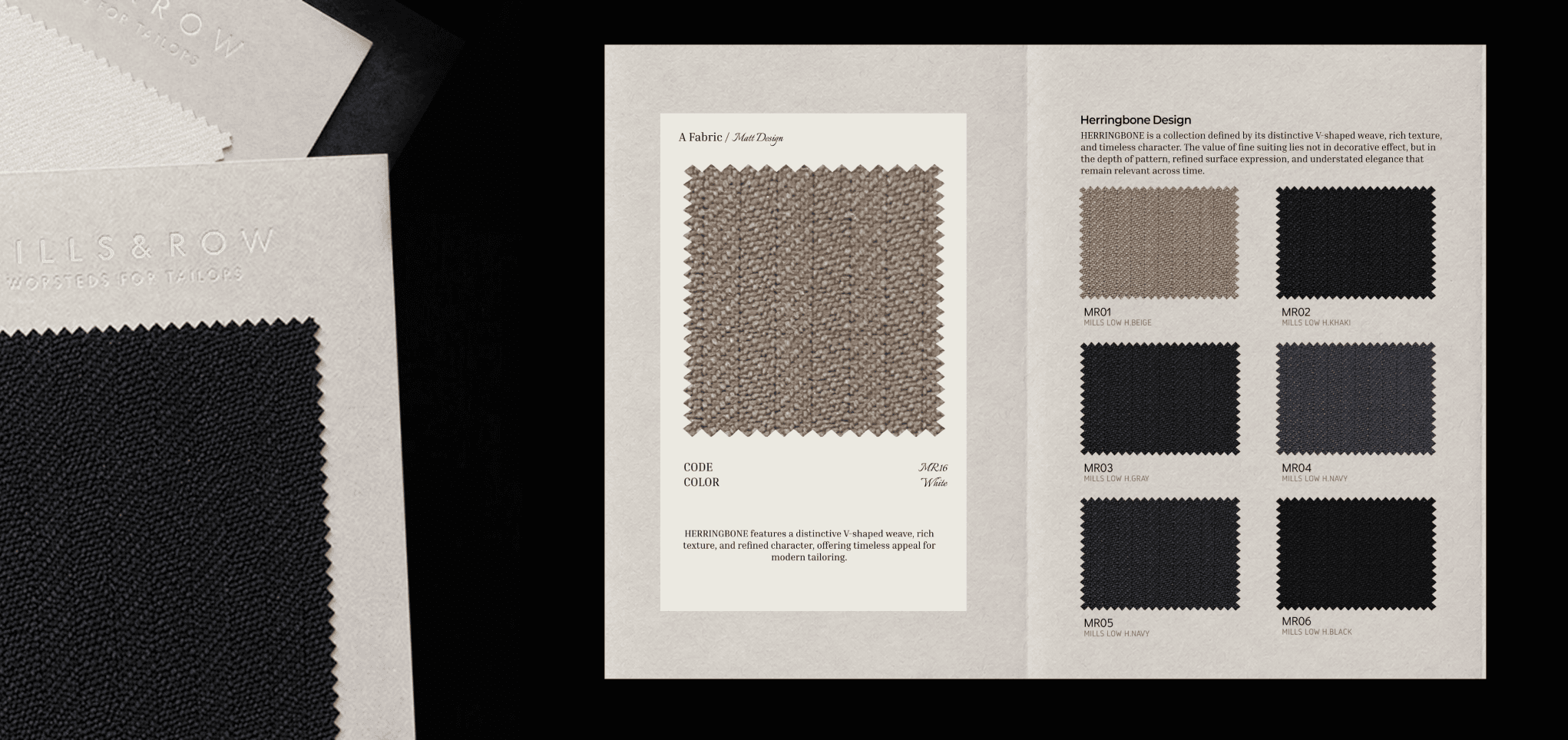 Mills & Row 카드 스프레드와 Matt Design 스와치 카드(MR16 White)·Herringbone Design 스와치 6칸(MR01~MR06) 페이지