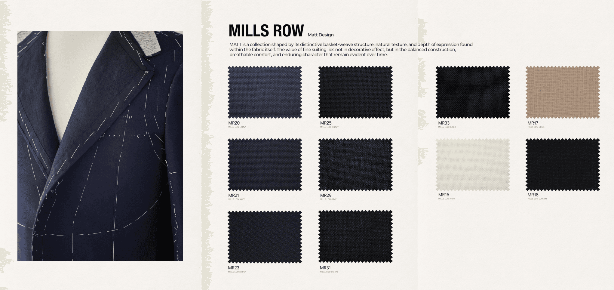 Mills Row 네이비 재킷 클로즈업과 "MILLS ROW" 헤드라인·스와치 시트 스프레드