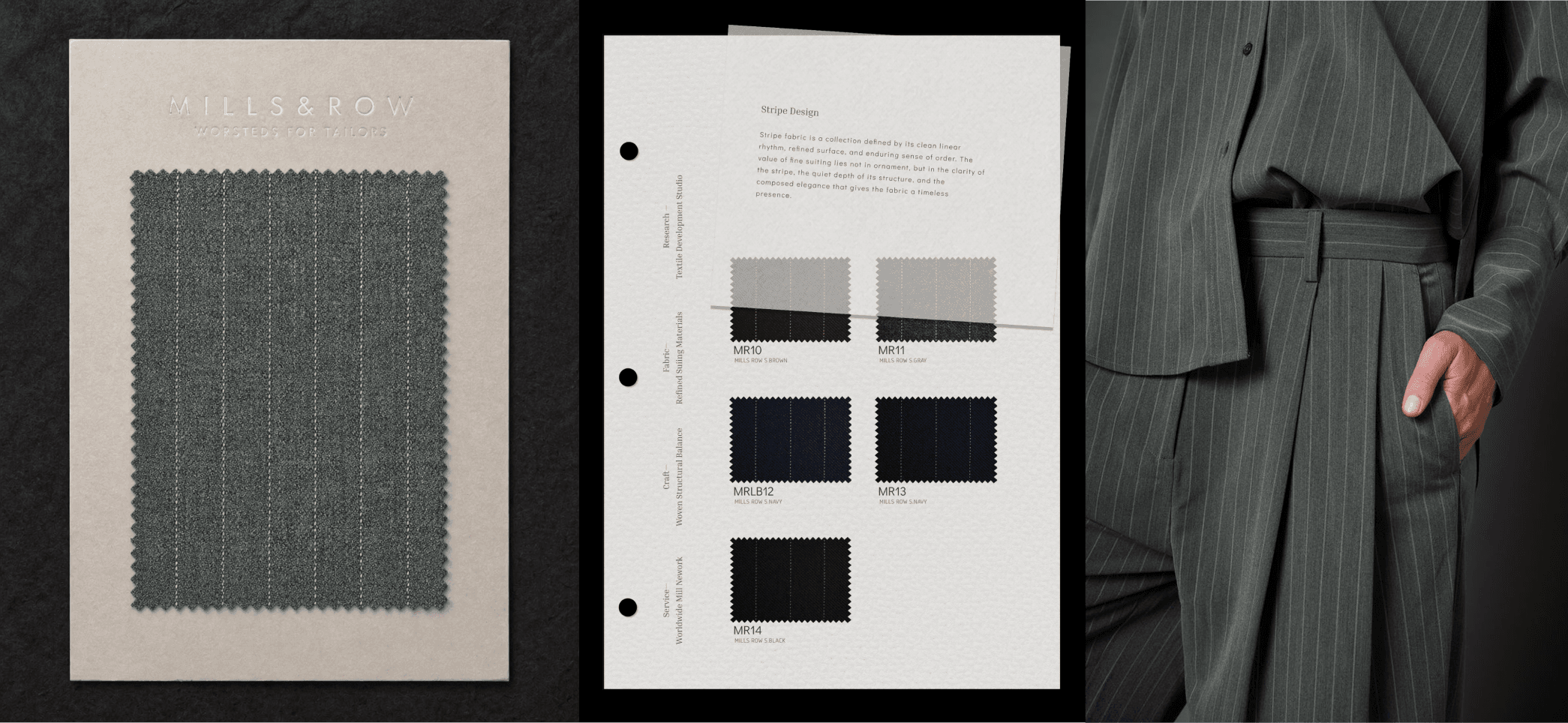 Mills Row 스트라이프 스와치 카드와 Stripe Design 스와치 페이지(MR10~MR14), 핀스트라이프 수트 인물